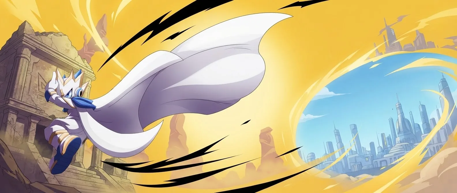 $ONE mascot flying toward a futuristic city