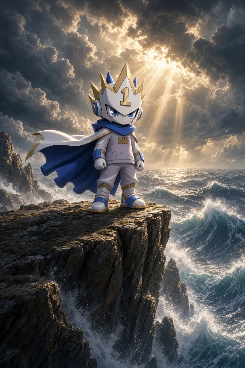 $ONE overlooking a stormy ocean from a cliff