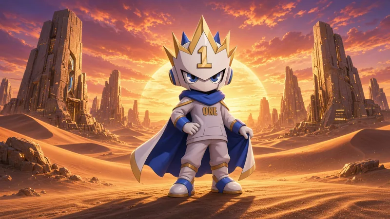 $ONE standing in a golden desert at sunset